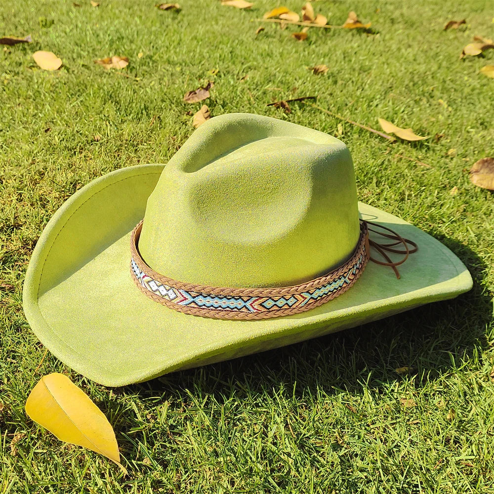 Suede Wide-Brim Western Cowboy Fedora Adjustable Fit
