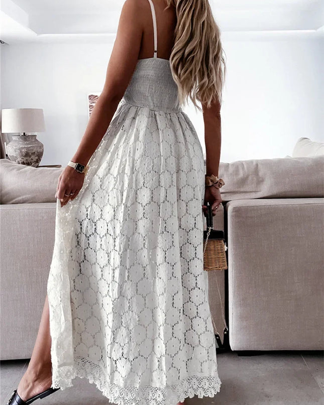 Lace Hollow-Out V‑Neck Playsuit Midi Dress