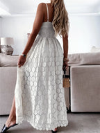 Lace Hollow-Out V‑Neck Playsuit Midi Dress-HighTouch