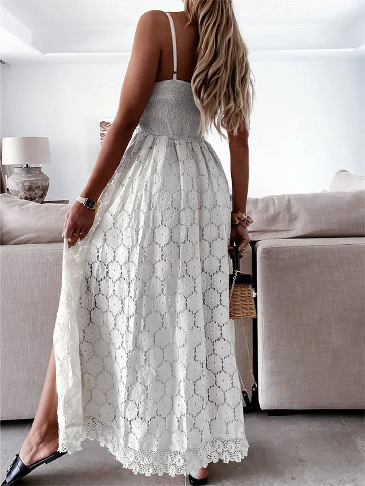 Lace Hollow-Out V‑Neck Playsuit Midi Dress-HighTouch