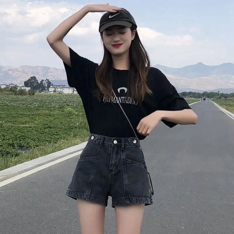 Y2K Harajuku Wide Mini Denim Shorts – Elastic Punk Print Jean Shorts for Women-HighTouch