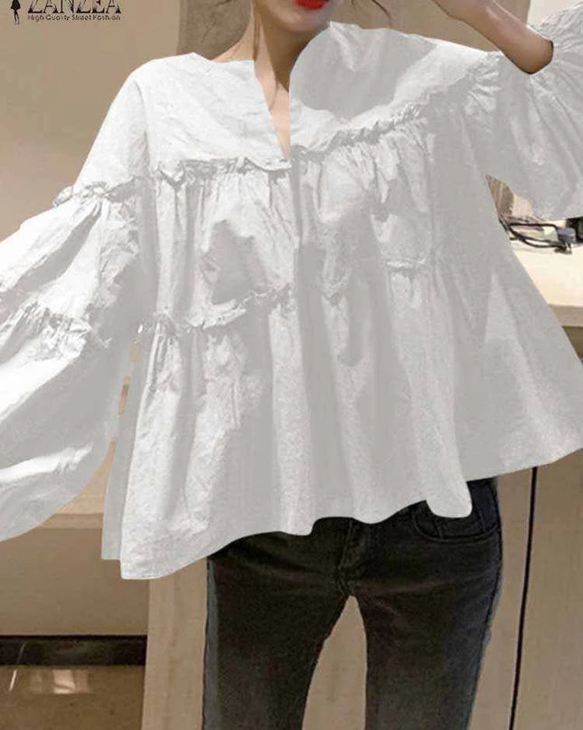 Zanzea Elegant Puff Sleeve Ruffle Blouse – Women’s Tunic Shirt