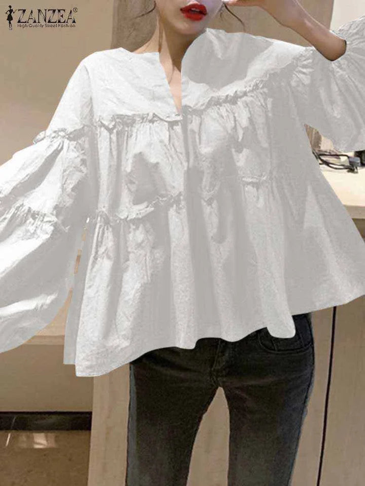 Zanzea Elegant Puff Sleeve Ruffle Blouse – Women’s Tunic Shirt-HighTouch