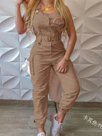 Sleeveless Cargo Jumpsuit with Drawstring Waist-HighTouch