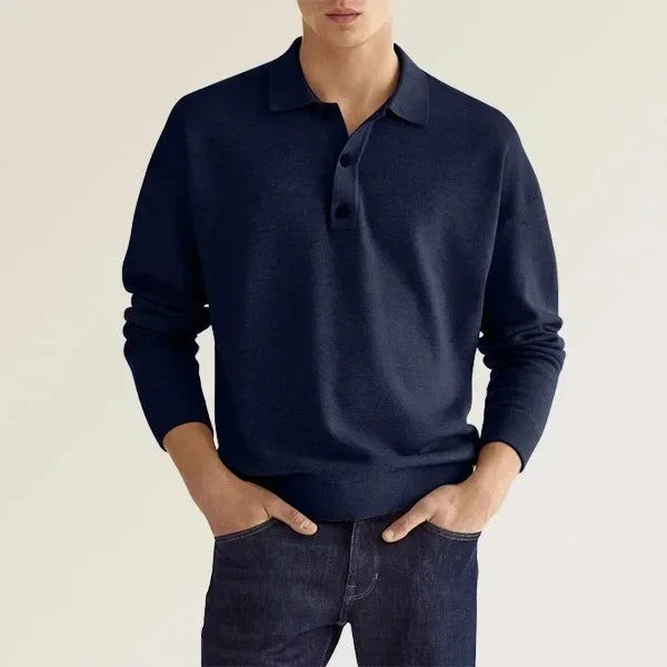 Solid Long Sleeve Men's Polo Shirt – Slim Fit Button Neck Pullover-HighTouch
