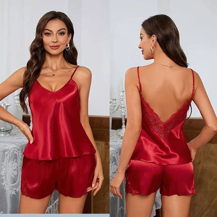 Backless Lace Satin Cami & Shorts Set