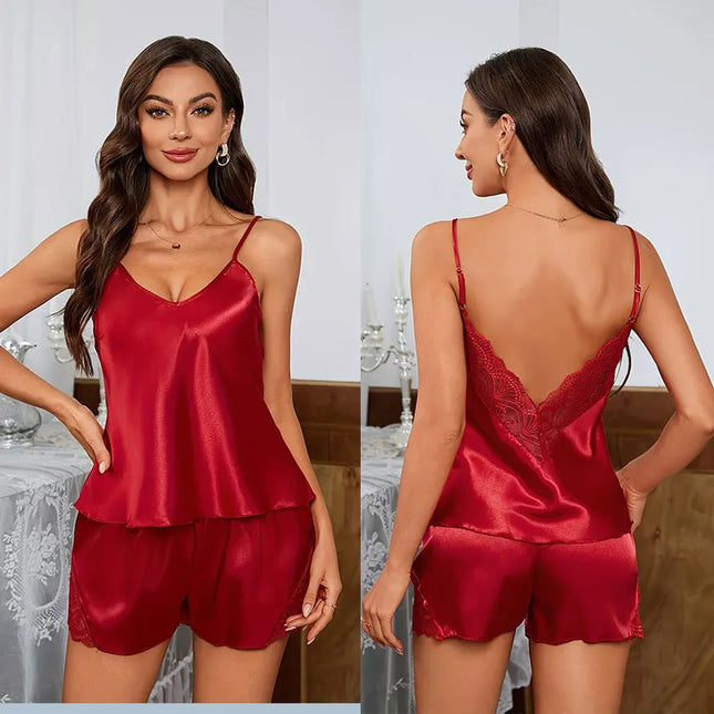 Backless Lace Satin Cami & Shorts Set