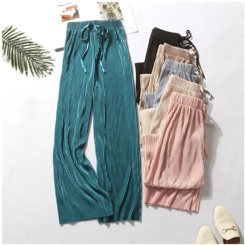 Women’s Ice Silk Wide Leg Pants – Elastic Waist Summer Trousers-HighTouch