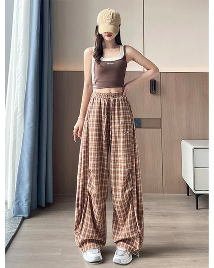 MEXZT Harajuku Plaid Wide Leg Pants Women Y2K Streetwear Baggy Sweatpants High Waist Casual Joggers Summer Korean Trousers New