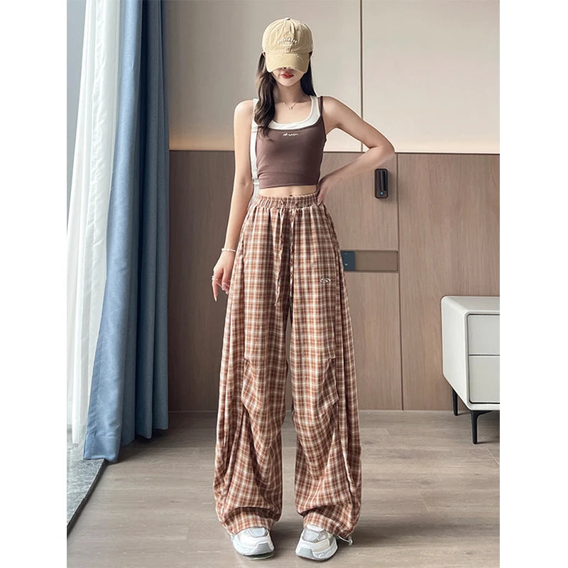 Harajuku Plaid Wide‑Leg Women’s Joggers – Y2K High‑Waist Casual Trousers-HighTouch