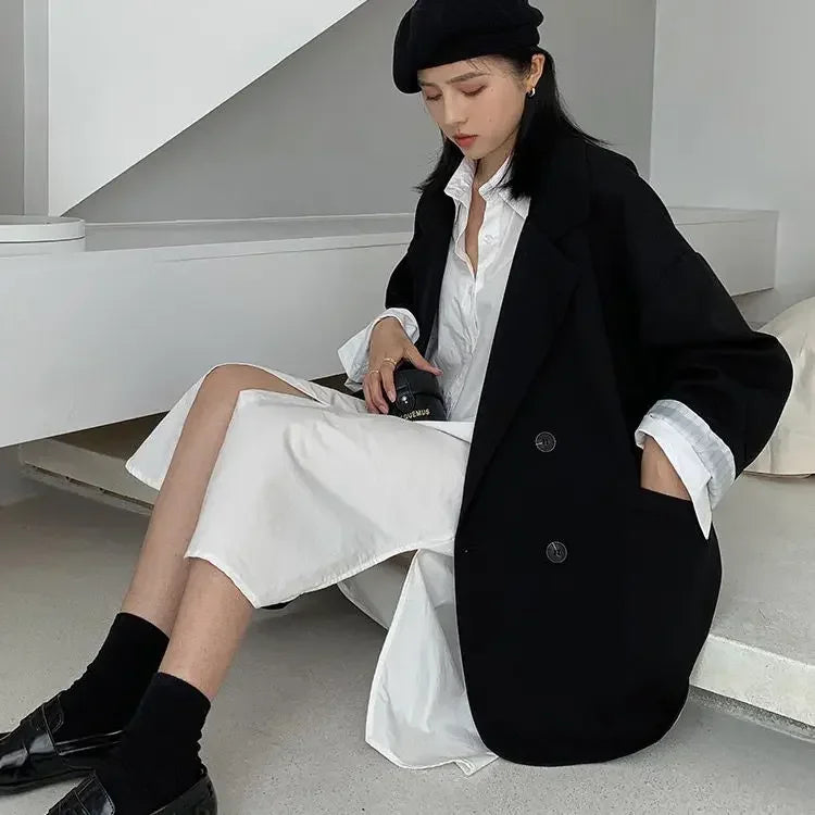 Vintage Loose Double‑Breasted Women’s Blazer – Autumn Chic Suit Jacket-HighTouch