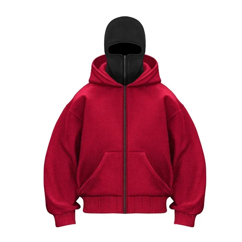 Winter Balaclava Hoodie Unisex Y2K Double Hood Zip Sweatshirt