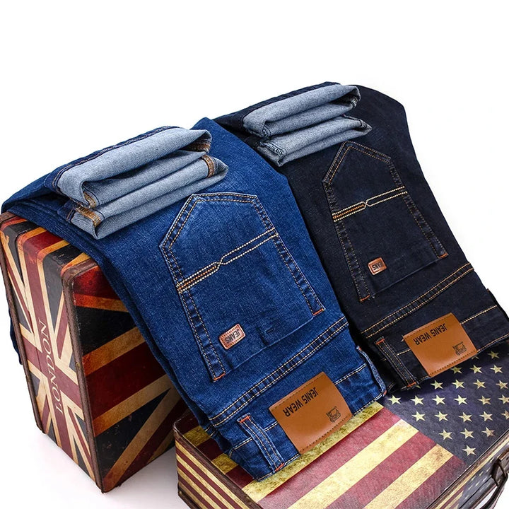 Casual Stretch Straight-Leg Men’s Jeans - Soft Cotton Denim in Black & Navy-HighTouch