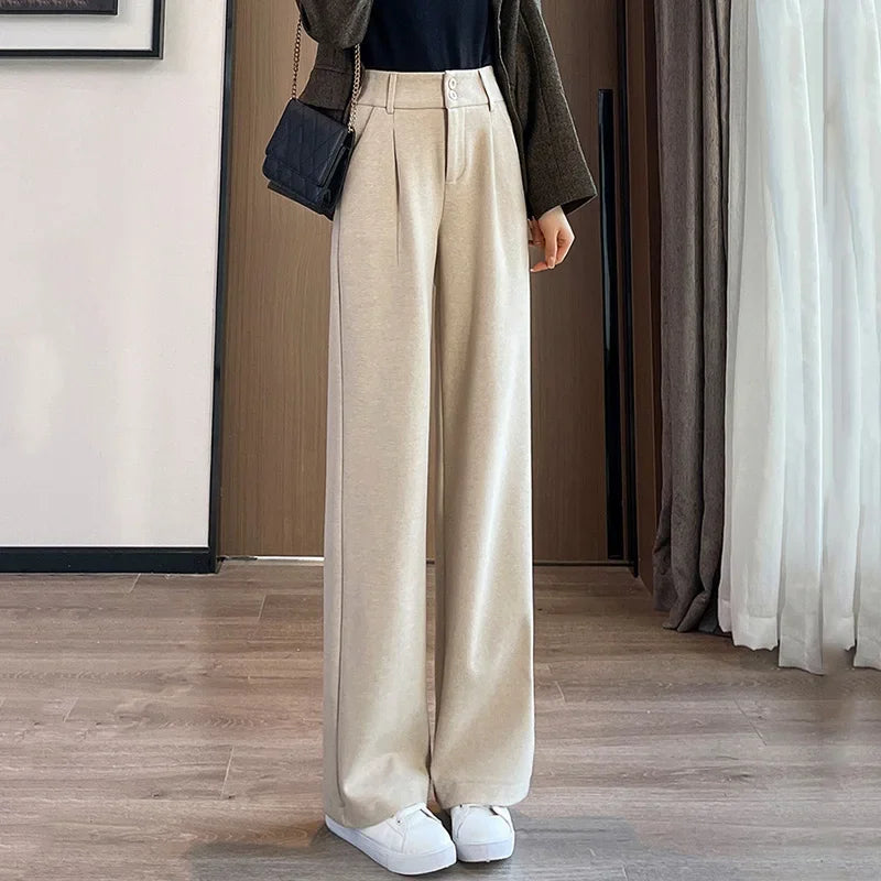 Women High Waist Wool Blend Straight Leg Trousers-HighTouch