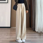 Women High Waist Wool Blend Straight Leg Trousers-HighTouch