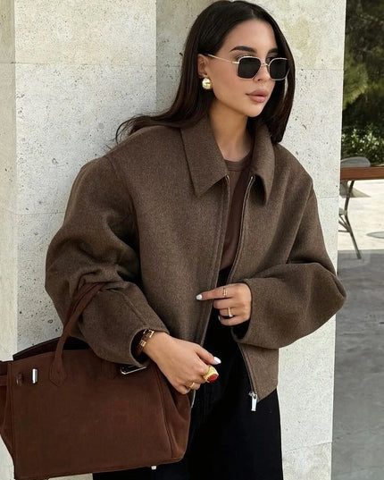 Vintage Bruine Rits Wollen Jas Voor Vrouwen Elegante Revers Lange Mouw Dames Cropped Jassen 2024 Herfst Lady High Street Outwear