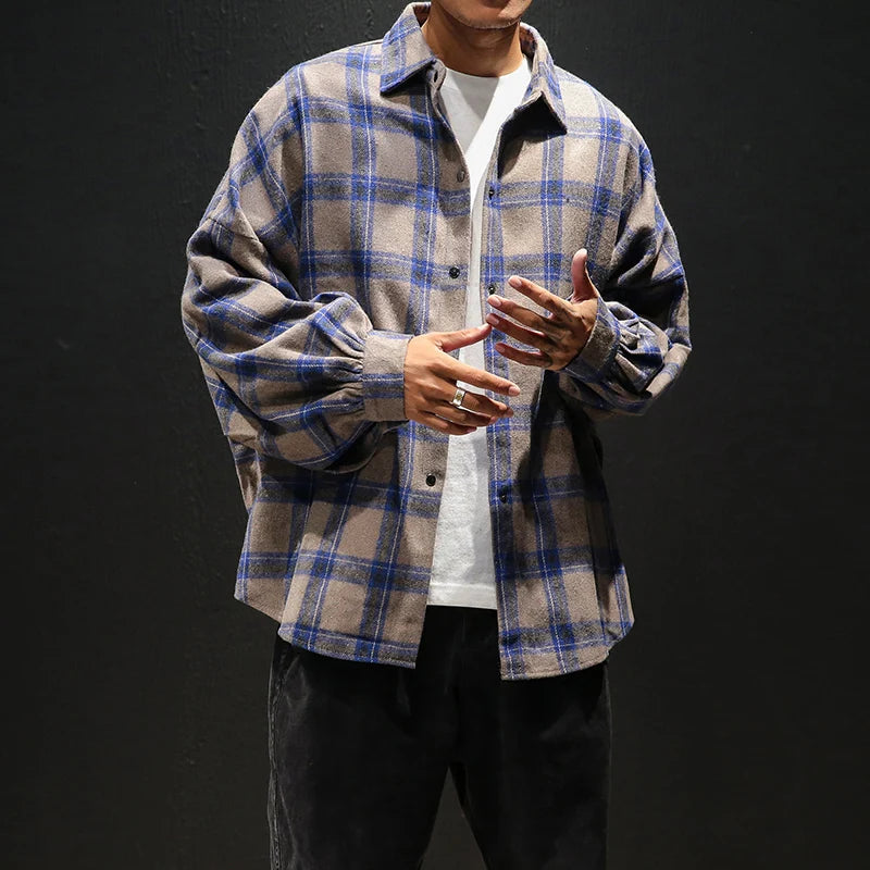 Oversized Vintage Plaid Shirt Men – Thick Long-Sleeve Streetwear Blouse-HighTouch