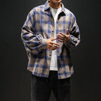 Oversized Vintage Plaid Shirt Men – Thick Long-Sleeve Streetwear Blouse-HighTouch