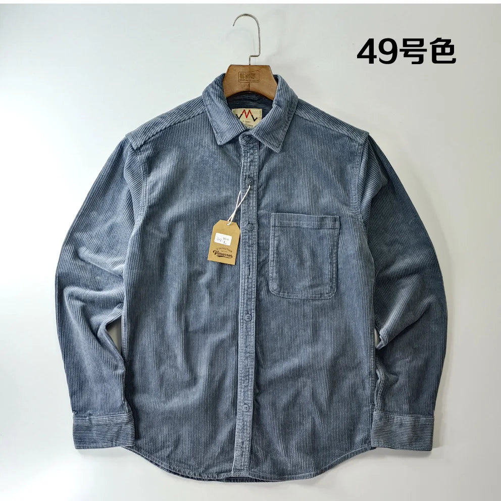 Vintage Retro Corduroy Button-Down Shirt Men –  Cotton Long Sleeve