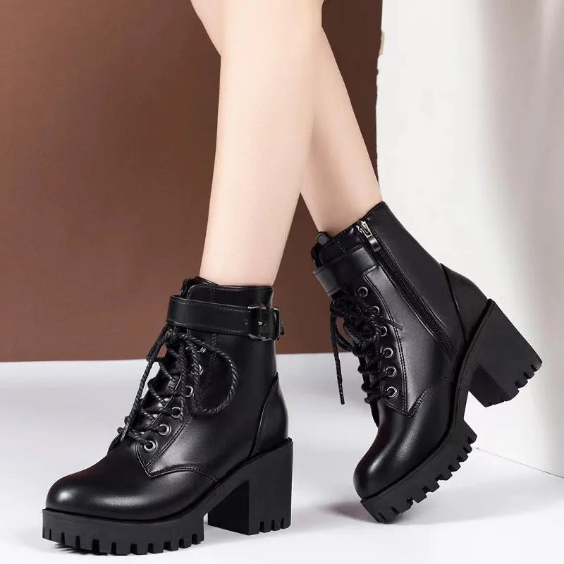 Autumn Women's Chunky Heeled Short Boots Round Toe Lace Up High Heels Solid Color Waterproof Platform Motorcycle Boots for Women-HighTouch