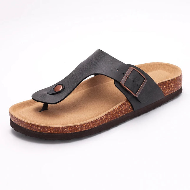 Women's Leather Cork Footbed Sandals – Adjustable Buckle Flats for All-Day Comfort
