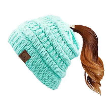 Cable Knit Ponytail Beanie