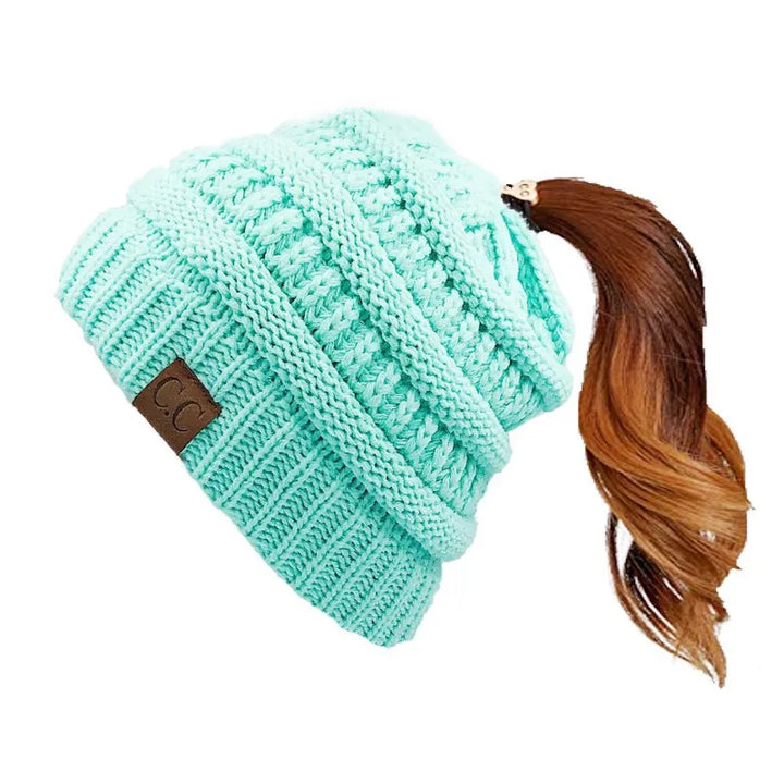 Cable Knit Ponytail Beanie-HighTouch
