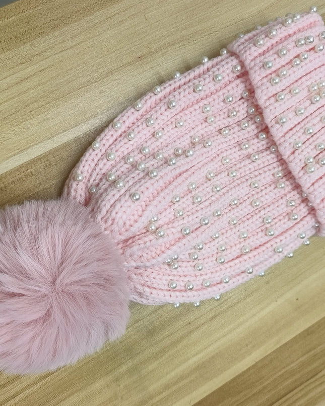 Pearl & Rhinestone Pom Pom Beanie