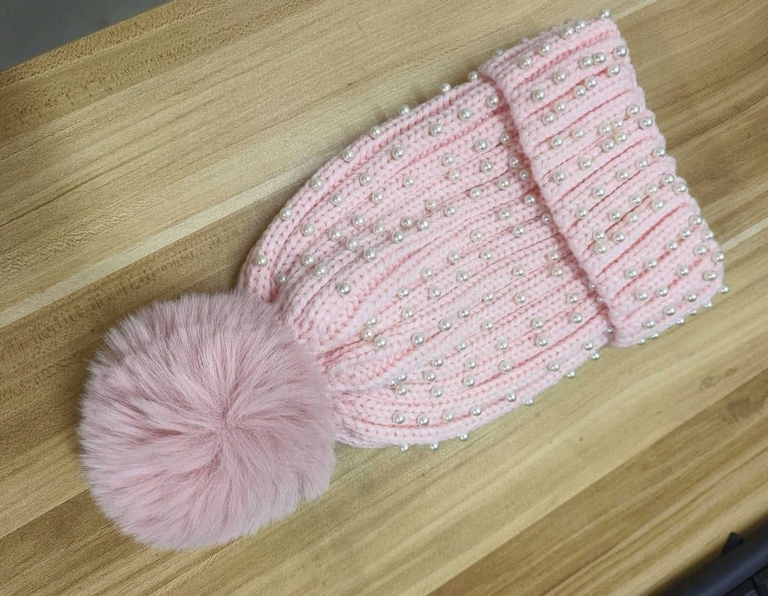 Pearl & Rhinestone Pom Pom Beanie-HighTouch