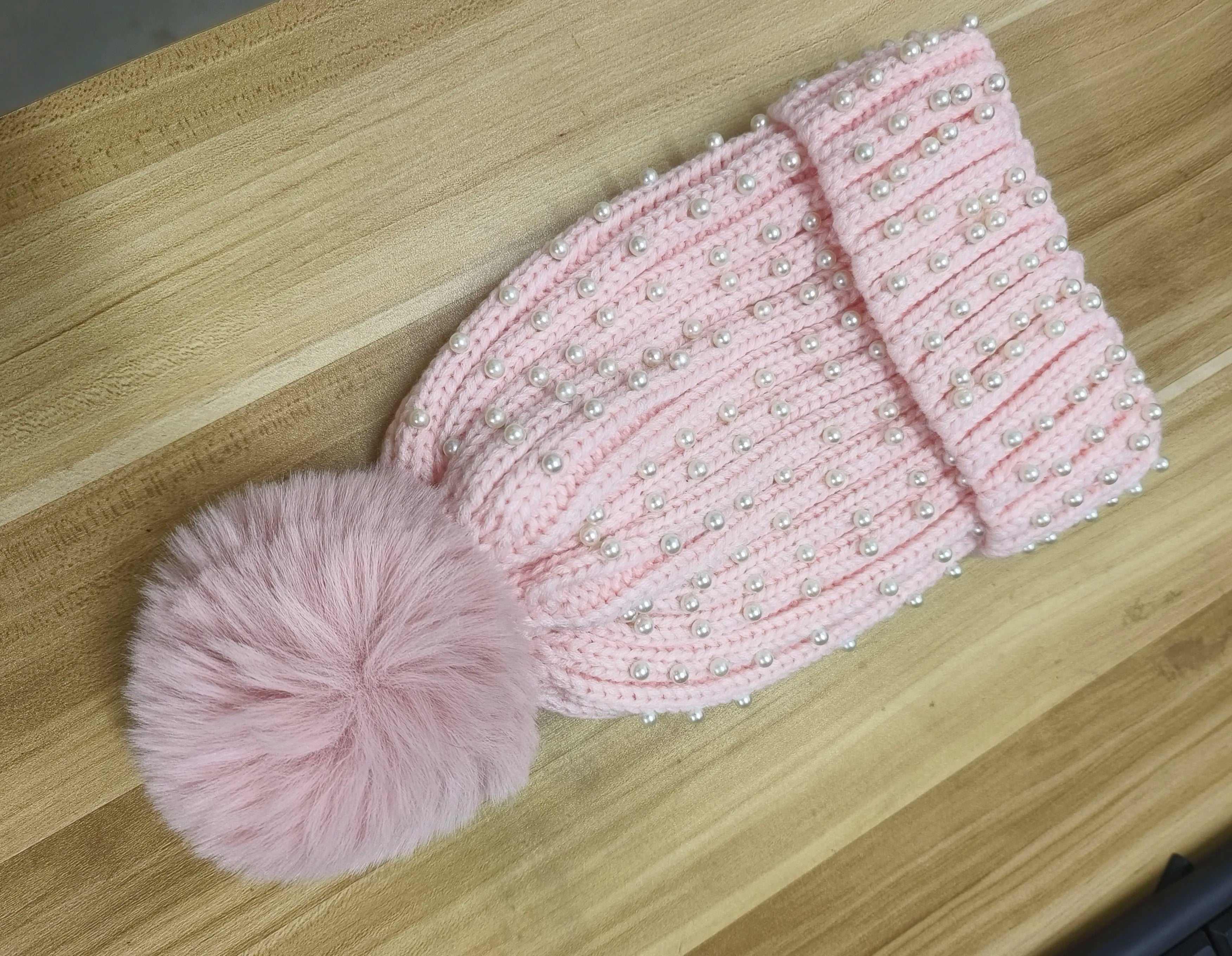 Pearl & Rhinestone Pom Pom Beanie
