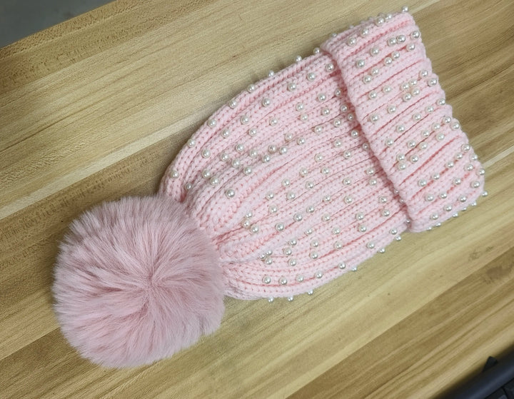 Pearl & Rhinestone Pom Pom Beanie-HighTouch