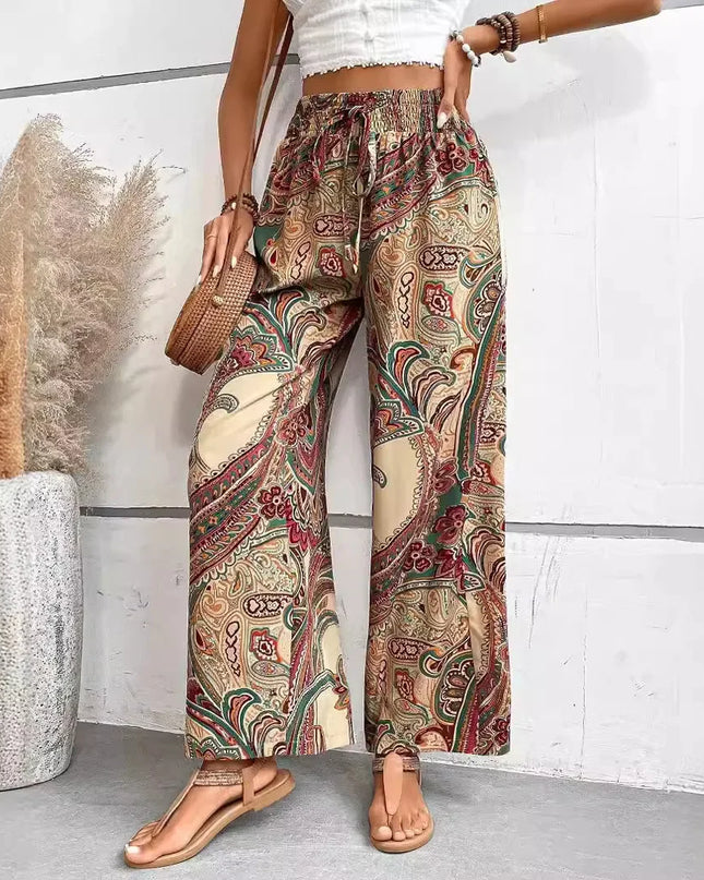 Fashionable Wide-Leg Elastic Waist Printed Pants for Women