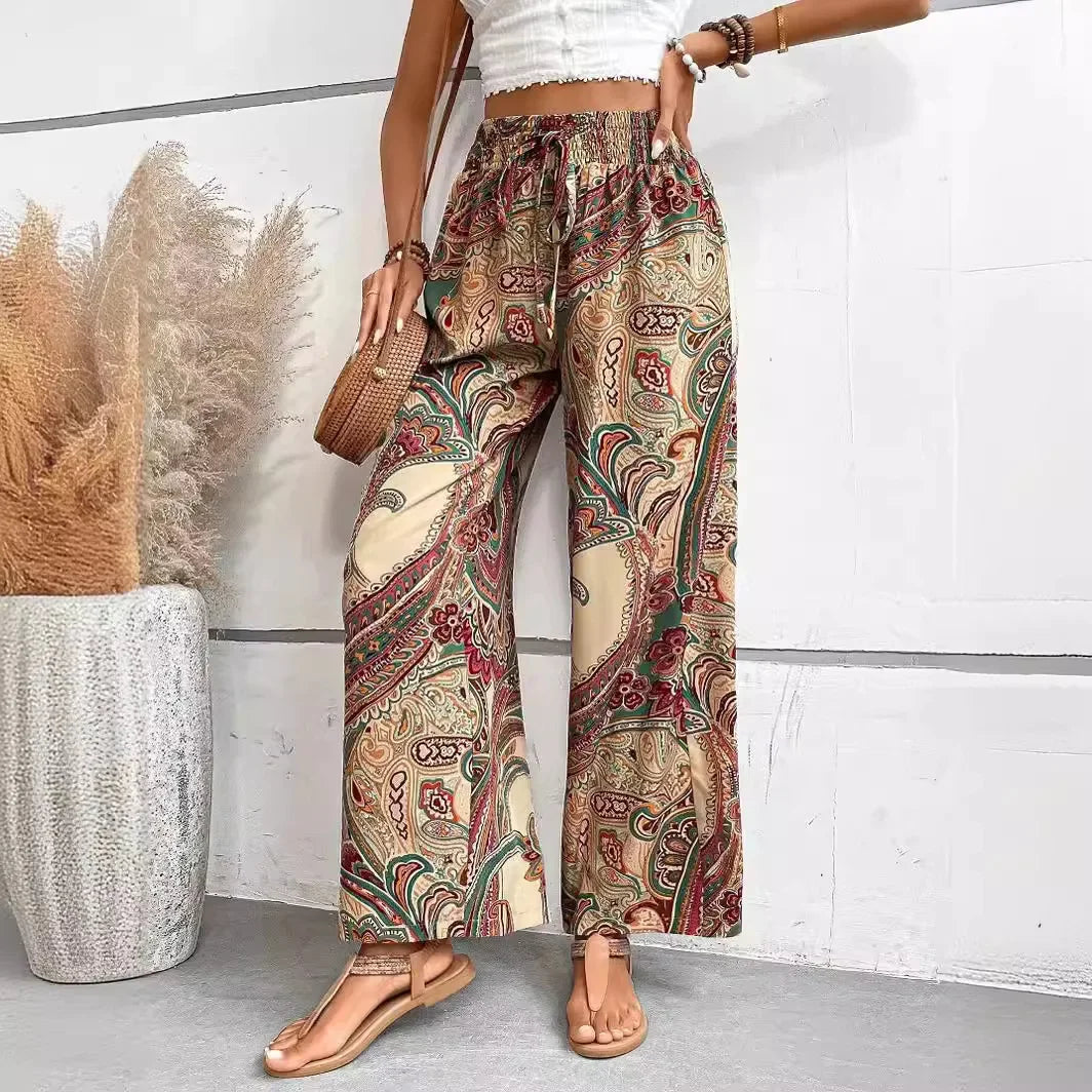 Fashionable Wide-Leg Elastic Waist Printed Pants for Women