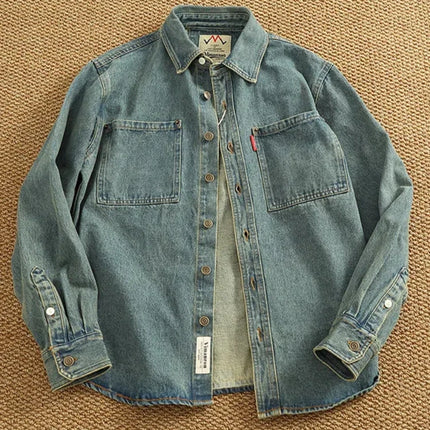 Retro Heavyweight Denim Cargo Shirt Men  Cotton Washed Overshirt Jacket