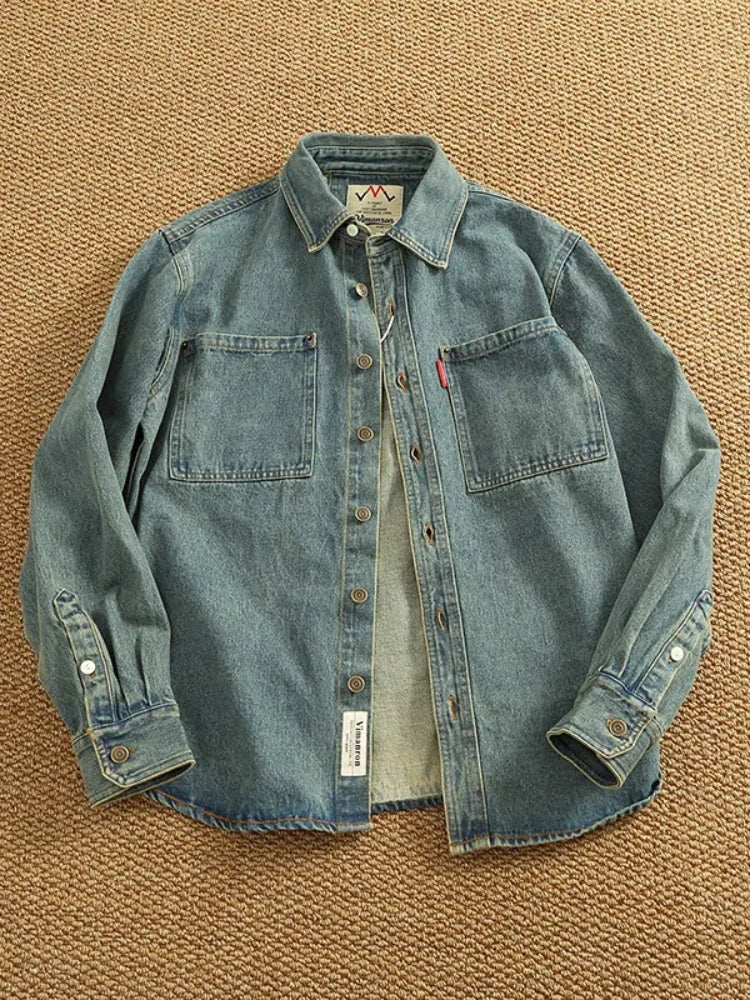 Retro Heavyweight Denim Cargo Shirt Men  Cotton Washed Overshirt Jacket