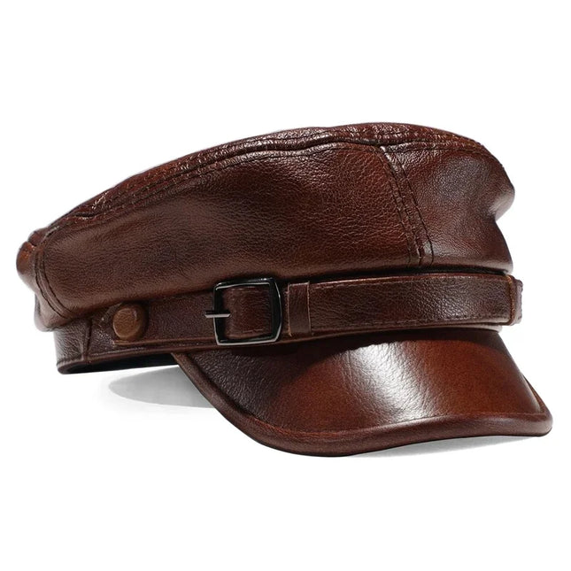 Luxury Genuine Leather Captain / Military Peaked Cap – Unisex Adjustable Black