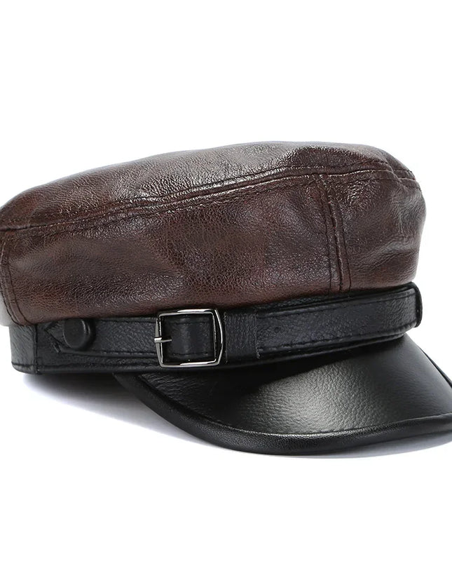 Luxury Genuine Leather Captain / Military Peaked Cap – Unisex Adjustable Black