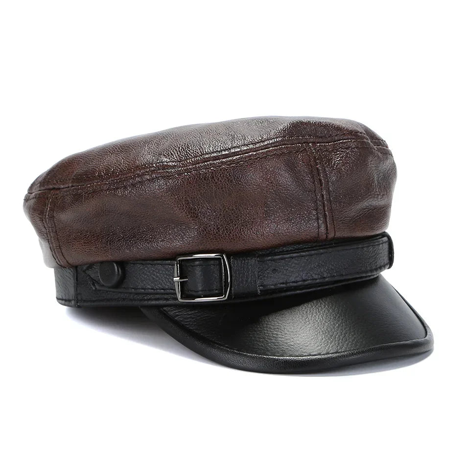 Luxury Genuine Leather Captain / Military Peaked Cap – Unisex Adjustable Black