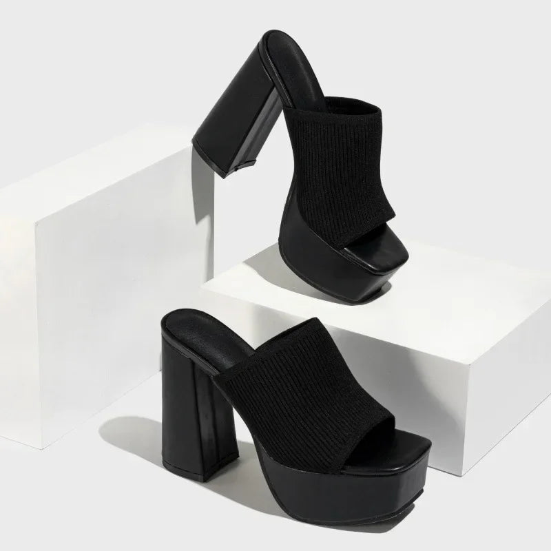 Women's Platform Block Heels – Stretch Knit 6.5cm Lift