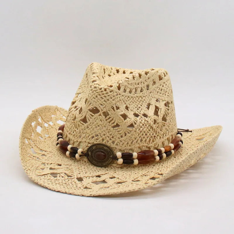 Bohemian Straw Cowboy Sun Hat – Wooden Beads