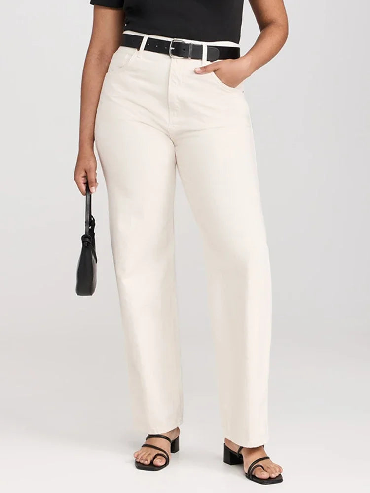 High Waisted White Stretch Straight Leg Jeans