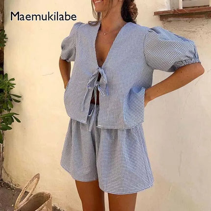 Vintage Plaid Puff-Sleeve Tie-Front Top & High-Waist Shorts Set