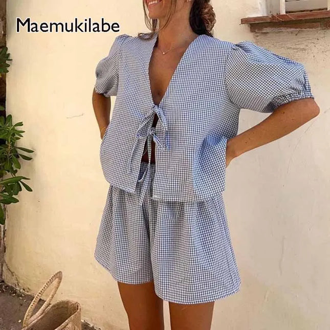 Vintage Plaid Puff-Sleeve Tie-Front Top & High-Waist Shorts Set