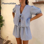 Vintage Plaid Puff-Sleeve Tie-Front Top & High-Waist Shorts Set-HighTouch