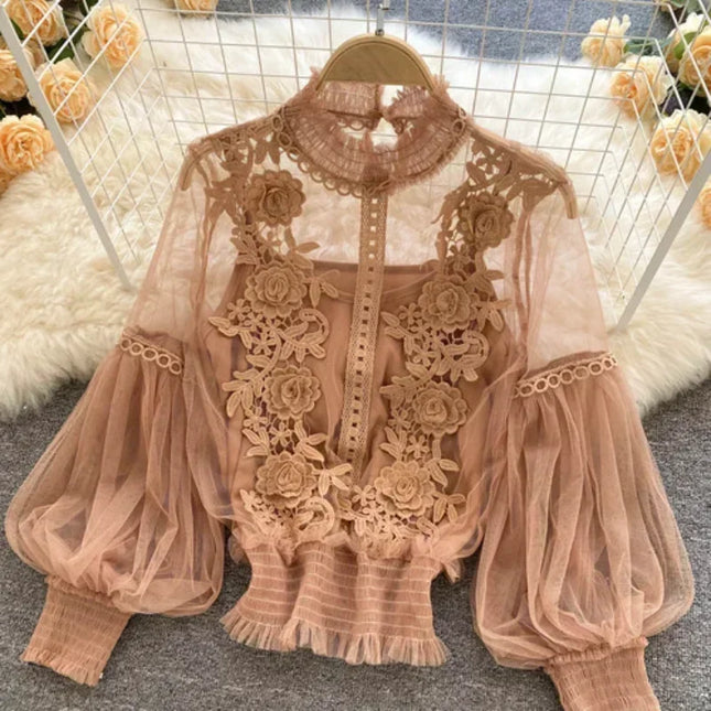 Romantic Lace Puff Long-Sleeve Blouse – Timeless Elegance & Feminine Charm