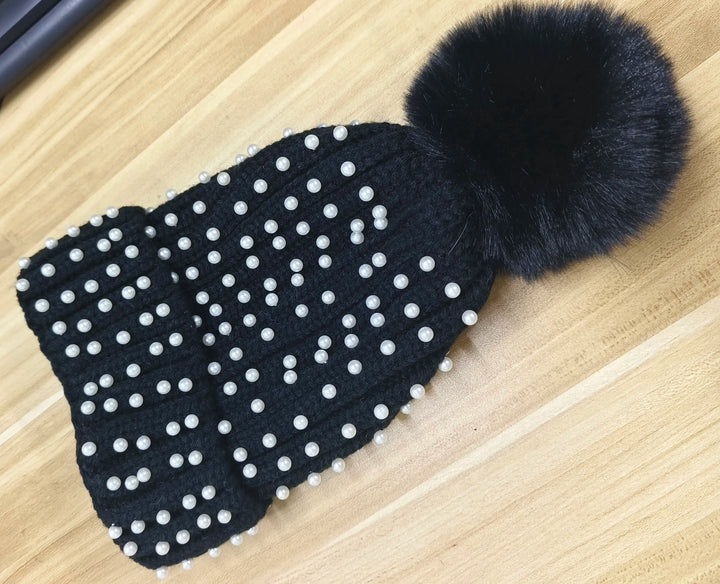 Pearl & Rhinestone Pom Pom Beanie-HighTouch