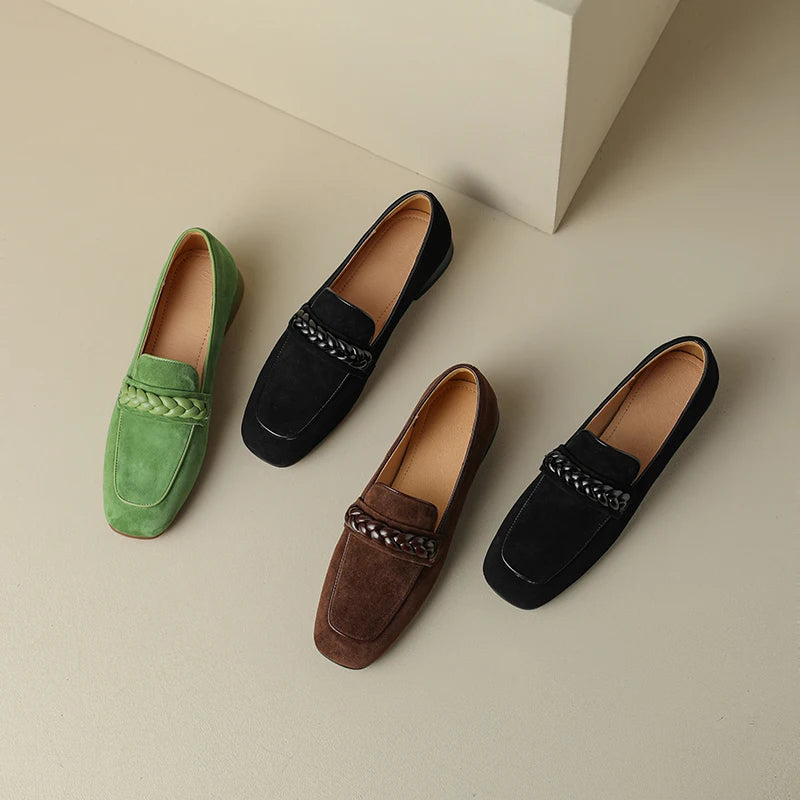 Cowhide Leather Square-Toe Women’s Loafers-HighTouch