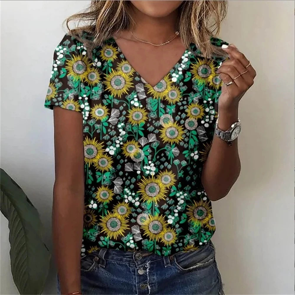 Vintage Floral 3D Print V‑Neck Tee – Oversized Harajuku Style