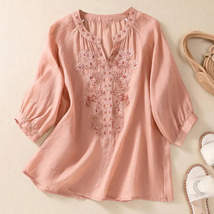 Embroidered Linen Cotton Blouse – Casual 3/4 Sleeve Women’s Top