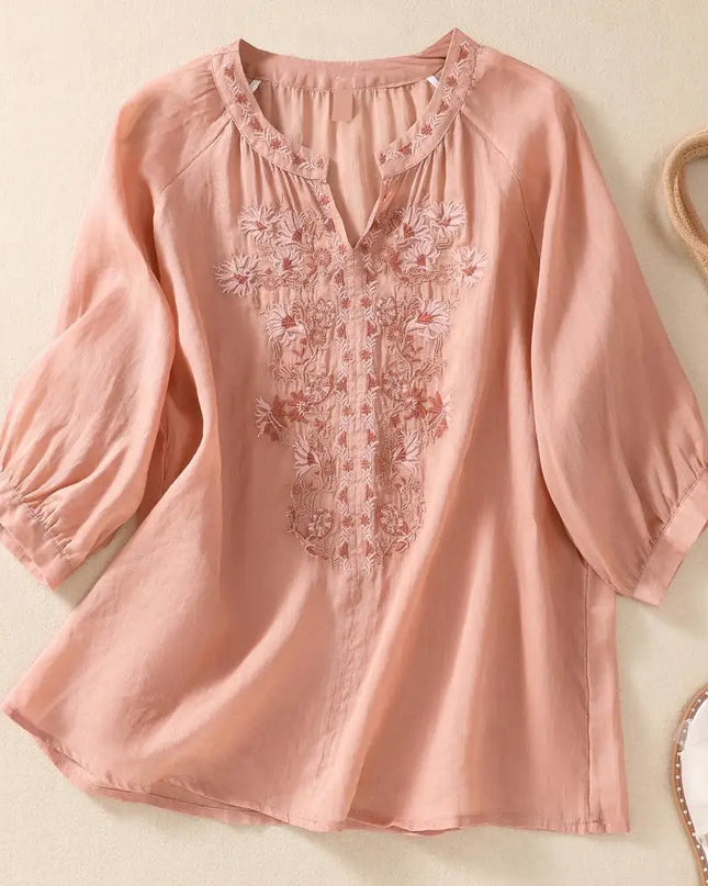 Embroidered Linen Cotton Blouse – Casual 3/4 Sleeve Women’s Top
